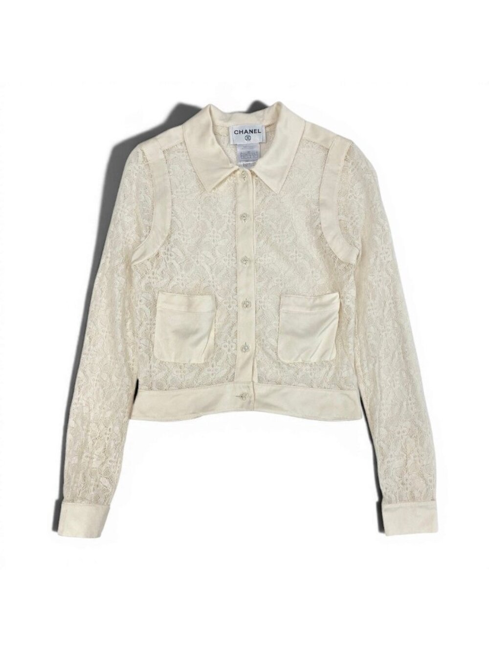 Chanel Cruise Line Lace Blouse Long Sleeve Shirt CC Logo Button Off White